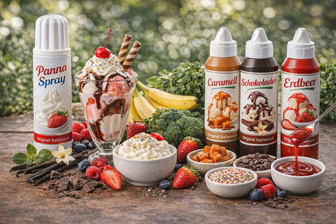 dessert toppings schokolade karamell erdbeer sahne eis sundae