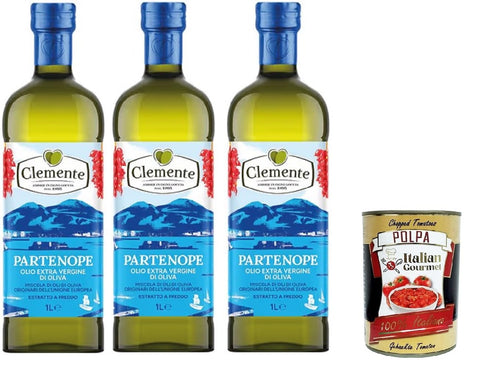 Clemente Olio Oliven Clemente Partenope Kaltgepresstes natives Olivenöl extra – Cuvée aus europäischen Olivenölen – Hergestellt in Italien (3 x 1 l) + Italienisches Gourmet-Tomatenfruchtfleisch (400 g) 8010445005821