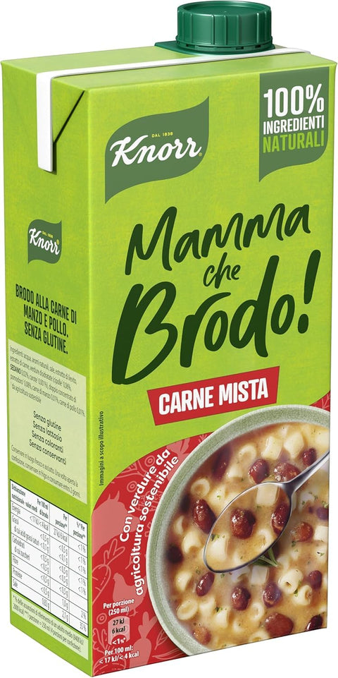 Knorr Brühe MHD 10/2026 Knorr Mamma Che Brodo! Carne mista Gemischte Fleisch Fertigbrühe mit 100% natürlichen Zutaten und Gemüse aus nachhaltiger Landwirtschaft, gluten und laktosefrei, 1 LT italienisch Original 8720182716378