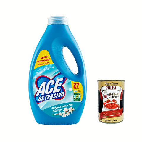 Ace Detersivo Igienizzante Talkum und weißer Moschus 81 waschen Waschmittel Flüssigwaschmittel Waschmaschine 3x1350 ml italienisch Original + kostenlos polpa 400 g