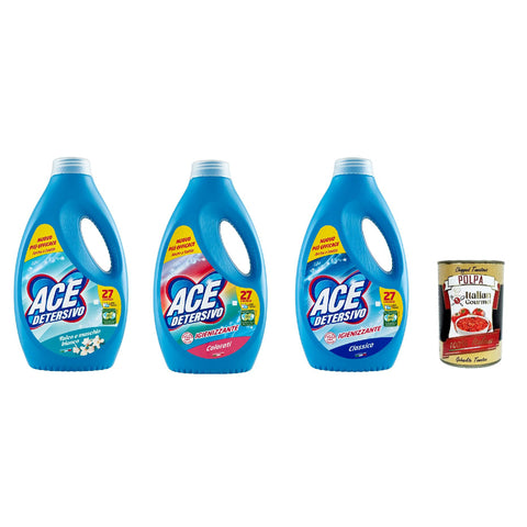 ACE Detersivo Igienizzante Testpaket, 3x1350 ml, 81 waschen, Waschmittel, Flüssigwaschmittel Waschmaschine italienisch Original + kostenlos polpa 400 g