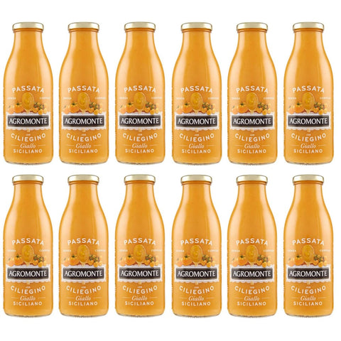 Agromonte Pasten & Kochsaucen Agromonte Passata di Pomodoro e Ciliegino Giallo Tomatenpüree und Gelbe Kirsche Tomatensauce Tomaten Sauce Glasflasche von 520 g 12x italienisch Original 8002410033038