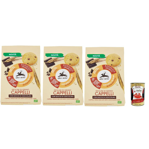 Alce Nero Kekse Alce Nero Frollini di grano Cappelli con gocce di cioccolato Weizenkekse mit dunkle Schokoladentropfen Kekse 3x 250g Original italienisch inkl. Italian Gourmet Polpa 400g 8032804040014