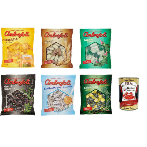 Ambrosoli Frucht- & Kräuterbonbons Ambrosoli Caramelle al Miele, menta, liquirizia, orzo, balsamiche Klassische Honigbonbons sweets 6 Stücke Testpaket Original italienisch inkl. Italian Gourmet Polpa 400g 8006450022588