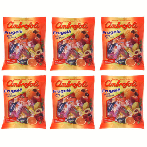 Ambrosoli Frugelé Fruchtgelee in den Geschmacksrichtungen Erdbeere, Zitrone, Orange, Schwarzkirsche, Pfirsich und Brombeere 130 g Beutel Weiche Fruchtbonbons Bonbons italienisch Original