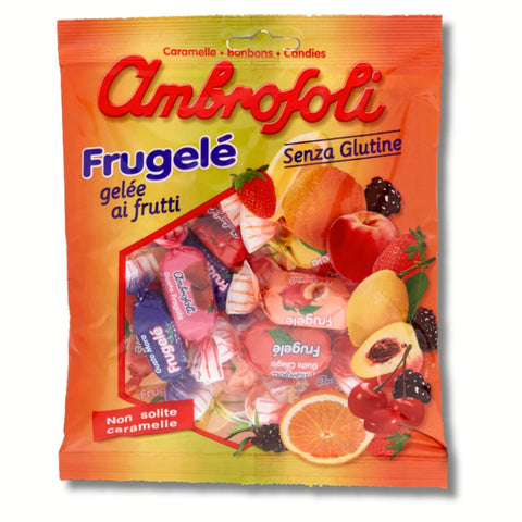 Ambrosoli Fruchtgummis Ambrosoli Frugelé Fruchtgelee in den Geschmacksrichtungen Erdbeere, Zitrone, Orange, Schwarzkirsche, Pfirsich und Brombeere 130 g Beutel Weiche Fruchtbonbons Bonbons italienisch Original 8006450029204