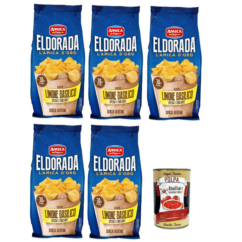 Amica chips Eldorada Salzige Kartoffelchips mit Zitrone und Basilikum glutenfreie knusprige Kartoffel chips 5x130 g italienisch Original + kostenlos poplpa 400 g