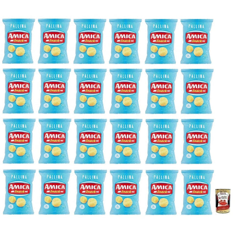 Amica Chips Chips Amica Chips Pallina al Formaggio Mais-Snacks mit Käsegeschmack Salziger Snack 50g Beutel 24x Original italienisch inkl. Italian Gourmet Polpa di Pomodoro 400g Dose 8008714001292