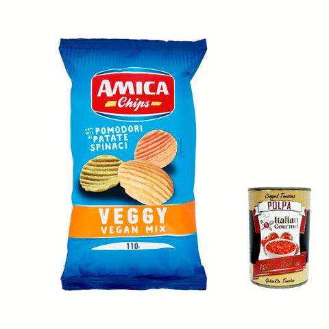 Amica Chips Chips Amica Chips Veggy Vegan Mix con mix di Pomodori Patate Spinaci, Chips mit einer Mischung aus Tomaten, Kartoffeln, Spinat, 110 g italienisch Original 8008714000486