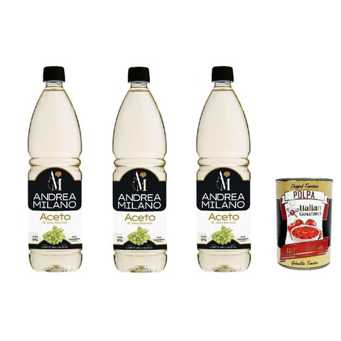 Andrea Milano Würzsaucen Andrea Milano Weißweinessig, ideal zum Kombinieren mit rohem Gemüse, hervorragend zum Marinieren und Saucen, ausgeglichener Geschmack, 6% Säure, 3x 1LT Original italienisch inkl. Italian Gourmet Polpa 400g 8032804040014