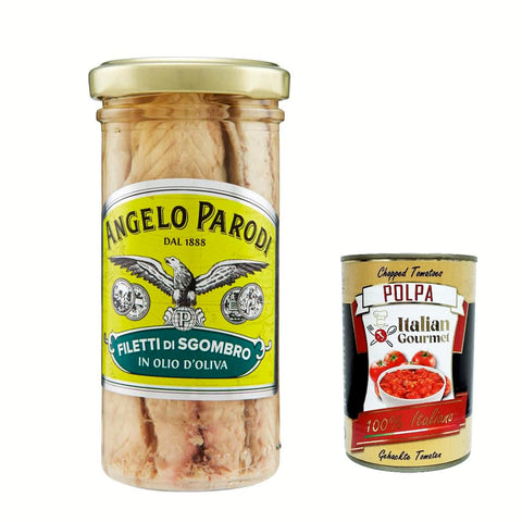 6x Angelo Parodi Filetti Di Sgombro In Olio D'oliva in vetro, Makrele Filets in Olivenöl in Glas 150 g + Itlaian Gourmet polpa 400 g italienisch Original