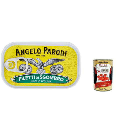 Angelo Parodi Filetti Di Sgombro In Olio D'oliva, Makrele Filets in Olivenöl 90 g + Itlaian Gourmet polpa 400 g italienisch Original