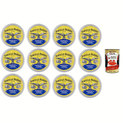 Angelo Parodi Trancio di Tonno in olio di Oliva Thunfischsteak in Olivenöl 12x150 g italienisch Original + kostenlos Polpa di Pomodoro 400 g