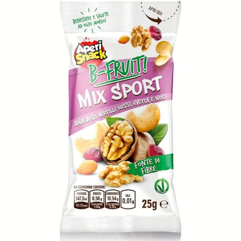 Aperisnack Patatine Chips Aperisnack B-Fruit mix sport  100% natürliche Mischung aus getrockneten und dehydrierten Früchten, 20 einzeln portionierte Snacks à 25 g.