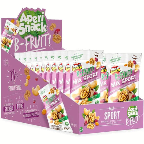 Aperisnack Patatine Chips Aperisnack B-Fruit mix sport  100% natürliche Mischung aus getrockneten und dehydrierten Früchten, 20 einzeln portionierte Snacks à 25 g.