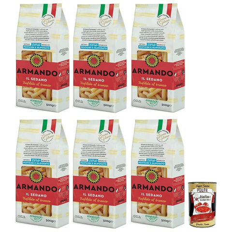 Armando Internationale Nudeln Armando Il Sedano, Bronzegezogene Nudeln, 100% Pasta 6x 500g inkl. Italian Gourmet Polpa di Pomodoro 400g Dose Original italienisch 8005709204584