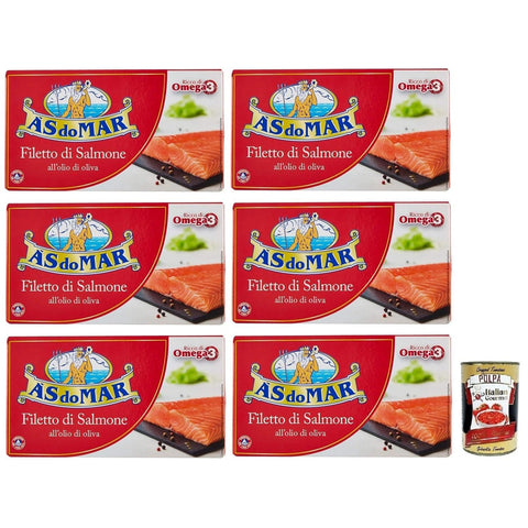 AS do Mar Filetto di Salmone all'Olio di Oliva Lachsfilet in Olivenöl Reich an Omega 3 Dose 150 g 6x italienisch Original + kostenlos Polpa di Pomodoro 400 g Dose