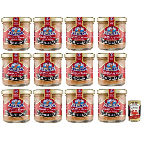AS do Mar Gemüse AS do Mar Filetti di Tonno Grigliati all'Olio di Oliva,Gegrillte Thunfischfilets in Olivenöl,150g Glas 12x Original italienisch inkl. Italian Gourmet Polpa di Pomodoro 400g Dose