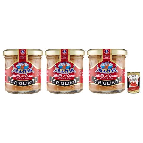 AS do Mar Gemüse AS do Mar Filetti di Tonno Grigliati all'Olio di Oliva,Gegrillte Thunfischfilets in Olivenöl,150g Glas 3x Original italienisch inkl. Italian Gourmet Polpa di Pomodoro 400g Dose