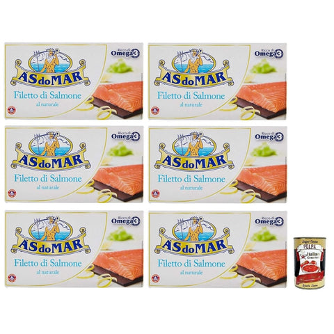 AS do Mar Lachs AS do Mar Filetto di Salmone al Naurale,Natürliches Lachsfilet,Reich an Omega 3,Dose 150g 6x Original italienisch inkl. Italian Gourmet Polpa di Pomodoro 400g Dose 8003294537018