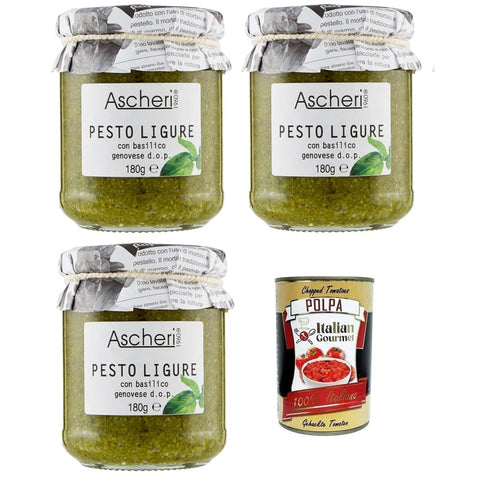 Ascheri Pesto Ascheri 1960 Pesto Ligure con Basilico Genovese,Pesto Sauce mit Genuesischem Basilikum d.o.p. Glas 180g 3x Original italienisch inkl. Italian Gourmet Polpa di Pomodoro 400g Dose 8032529642111