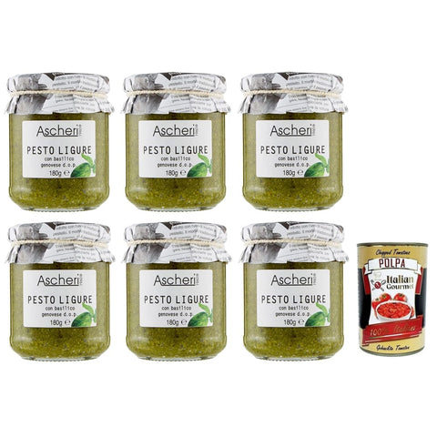 Ascheri Pesto Ascheri 1960 Pesto Ligure con Basilico Genovese, Pesto Sauce mit Genuesischem Basilikum d.o.p. Glas 6x 180g inkl. Italian Gourmet Polpa di Pomodoro 400g Dose Original italienisch 8032529642111