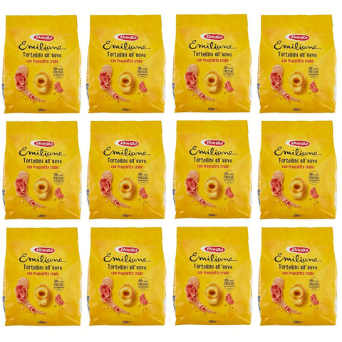 Barilla Emiliane Pasta all'Uovo Ripiena Tortellini con Prosciutto Crudo Gefüllte Eiernudeln mit Rohschinken Nudeln 12x500g Original italienisch