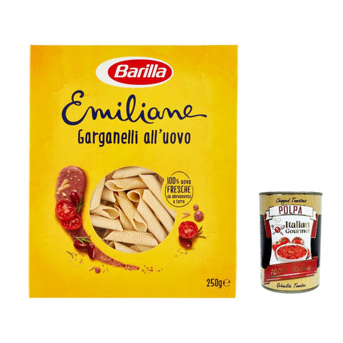 Barilla Internationale Nudeln Barilla Pasta all' Uovo Le Emiliane Garganelli, Eiernudeln, Pasta mit Ei 250g 12x Original italienisch inkl. Italian Gourmet Polpa 400g 8076809544474