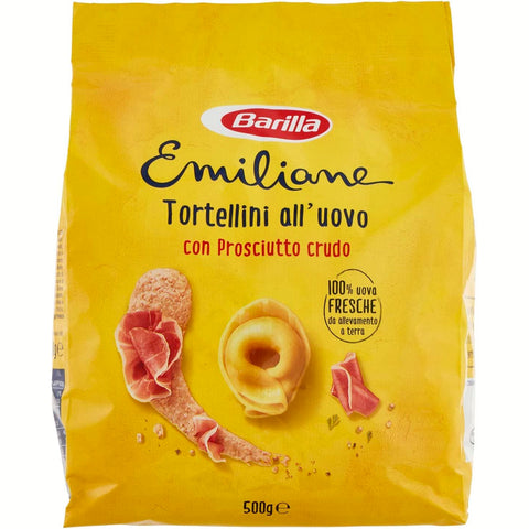 Barilla Emiliane Pasta all'Uovo Ripiena Tortellini con Prosciutto Crudo Gefüllte Eiernudeln mit Rohschinken Nudeln Packung 1x500g Original italienisch