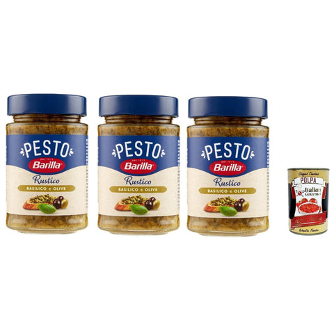 Barilla Koch- & Backzutaten Barilla Pesto Rustico Basilico E Olive, Pesto pasta sauce mit Basilikum und Oliven, Mit Olivenstücken. 3x 200g Original italienisch inkl. Italian Gourmet Polpa 400g 8076809580458