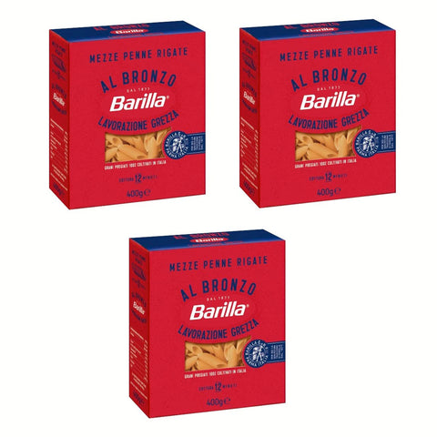 Barilla Mezze Penne Rigate al Bronzo Bronze Gezogene Pasta Rohe Verarbeitungsmethode 400 g 3x italienisch Original