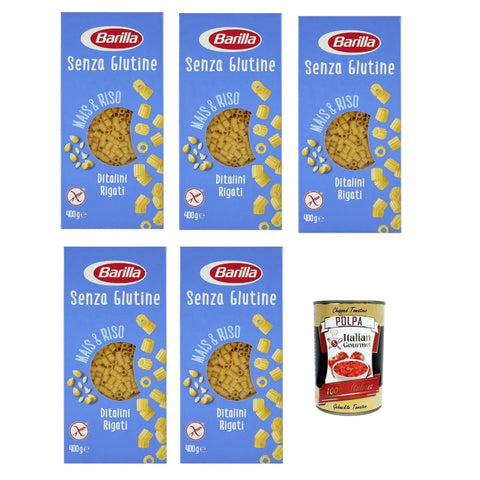 Barilla Längliche Pasta Barilla Ditalini Rigati senza Glutine Glutenfrei pasta nudeln, Pasta aus weißem Mais, gelbem Mais und braunem Reis 5x 400g inkl. Italian Gourmet polpa 400g Original italienisch 8076809569453