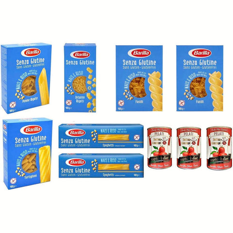 Barilla Längliche Pasta Barilla senza Glutine Glutenfrei pasta nudeln 1 x 300g und 6 x 400G TESTPAKET Original italienisch inkl. Italian Gourmet 100% italienische geschälte Tomaten dosen 3x 400g 8076809545464