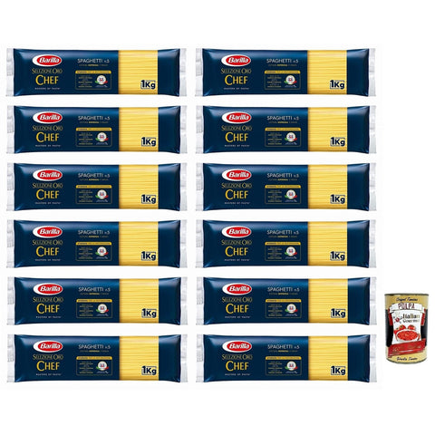 Barilla Selezione Oro Chef Spaghetti n.5 Hartweizengrieß Pasta 100% italienisches Getreide Packung mit 1 kg 12x italienisch Original + kostenlos Polpa di Pomodoro
