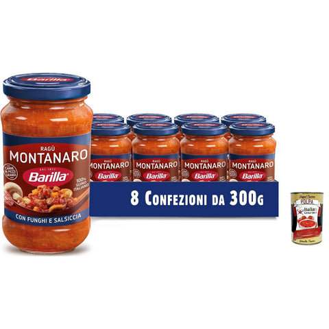 Barilla Sugo Montanaro Sauce, bereit für Tomaten mit Wurst und Pilzen, Ferge Sauce, 8x300 g Paket italienisch Original Pastasauce + kostenlos polpa 400 g