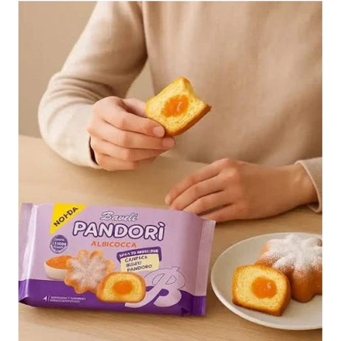 Bauli Snack Kuchen Bauli Pandori‘ Aprikosen gefüllte ‚Pandori‘ mit weichem Milch Pandoro Teig Gebäckspezialität traditionelle Pandoro Art 4x 178gr italienisch Original