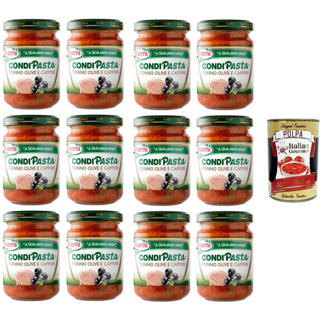 Berni Aufstriche & Dips Berni Condipasta Tonno, Olive e capperi Thunfisch, Oliven und Kapern konserviertes Gewürz für erste Gänge und Bruschetta 12x130gr Original italienisch inkl. Italian Gourmet Polpa 400g 8032804040014