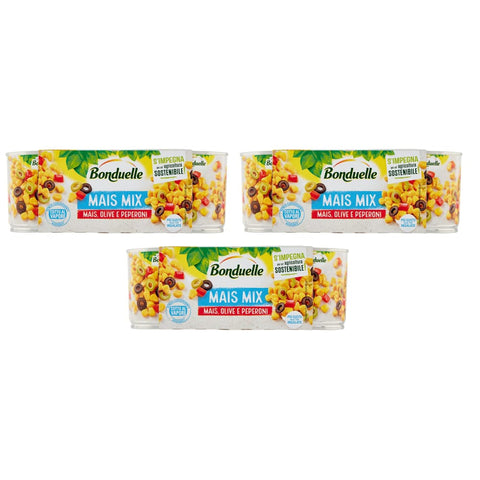 Bonduelle Gemüsegerichte Bonduelle Mais Mix Mais Olive e Peperoni Süßer und Knuspriger Mais mit Oliven und Peperoni ( 3 x 170g ) 3x Original italienisch 3083681014051