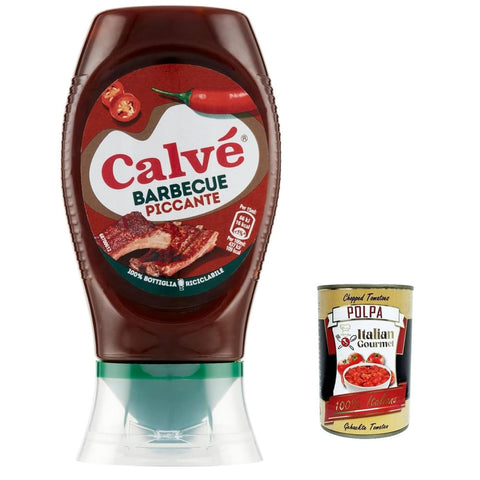 Calvé Barbequesaucen Calvé Salsa Barbeque Piccante, Würzige BBQ - Sauce, ideal für gegrilltes und nicht gegrilltes Fleisch 12x 250ml inkl. Italian Gourmet polpa 400g Original italienisch 8712100599293