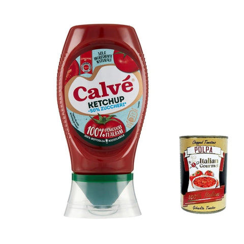 Calvè Ketchup Calvè Calvé Ketchup Light 250 ml, Ketchup Light mit Stevia*, enthält 50 % weniger Zucker, glutenfrei, ohne Konservierungsstoffe und ohne Farbstoffe, vegan 12x Original italienisch inkl. Italian Gourmet Polpa 400g 8720182391452