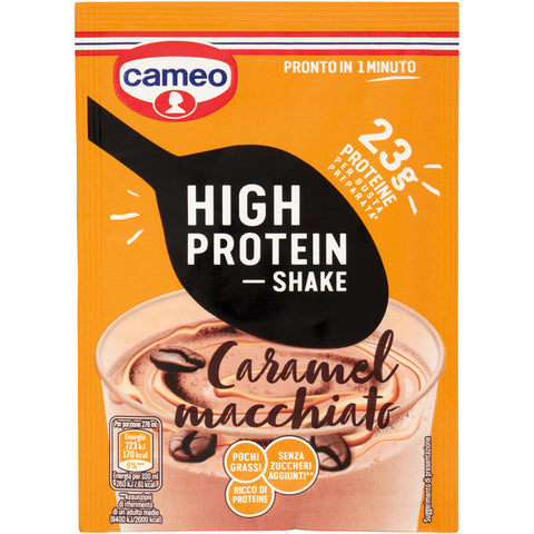 Cameo High Protein Shake Caramel Macchiato, Proteingetränkpräparat mit Kaffee Extrakt mit Karamellgeschmack 1x28g Original italienisch