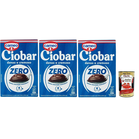 Cameo Kakao & Heiße Schokolade Cameo Ciobar Zero Heiße Schokolade ohne Zuckerzusatz (enthält von Natur aus Zucker), dichter und cremiger Getränkemix mit Schokoladengeschmack für 4 Tassen, 3x 76 g Original italienisch inkl. Italian Gourmet Polpa 400g 8032804040014