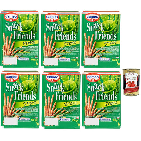 Cameo Snack Erdnüsse Cameo Snack Friends Sticks Herzhafte Kekse für Aperitifs duftende Vorspeisen mit Salzkörnern auf der Oberfläche 6x100 g italienisch Original + kostenlos polpa 400 8032804040014