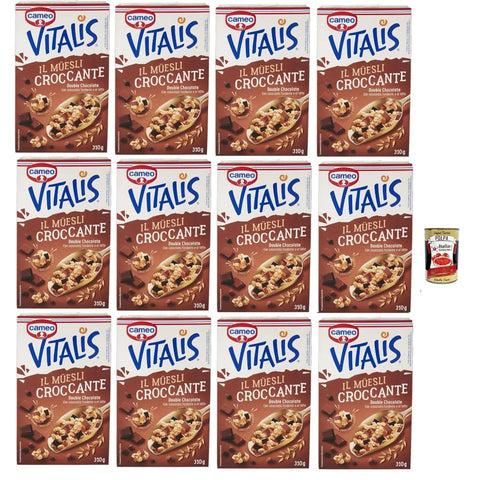 Cameo Snack Kuchen & Backwaren Cameo Vitalis Muesli Croccante Double Chocolate, Müsli knusprige Doppelschokolade mit ganzen Haferflocken aus dunkler Schokolade und Milch, 12x 310 g Original italienisch inkl. Italian Gourmet Polpa 400g 8032804040014