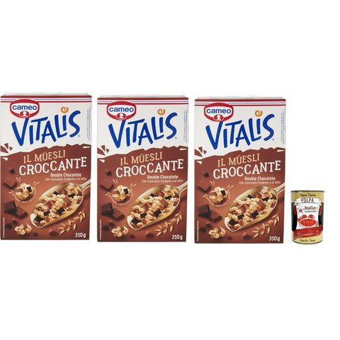 Cameo Snack Kuchen & Backwaren Cameo Vitalis Muesli Croccante Double Chocolate, Müsli knusprige Doppelschokolade mit ganzen Haferflocken aus dunkler Schokolade und Milch, 3x 310 g Original italienisch inkl. Italian Gourmet Polpa 400g 8032804040014