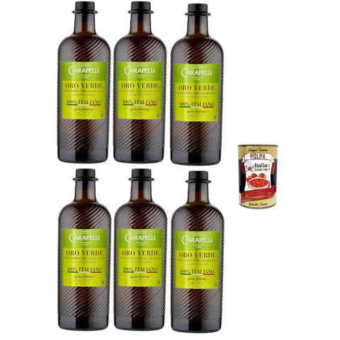Carapelli Oliven Carapelli Oro Verde Extra Natives Olivenöl, 100% Italienisch, 6 Flaschen x 1 Liter Original italienisch inkl. Italian Gourmet Polpa 400g