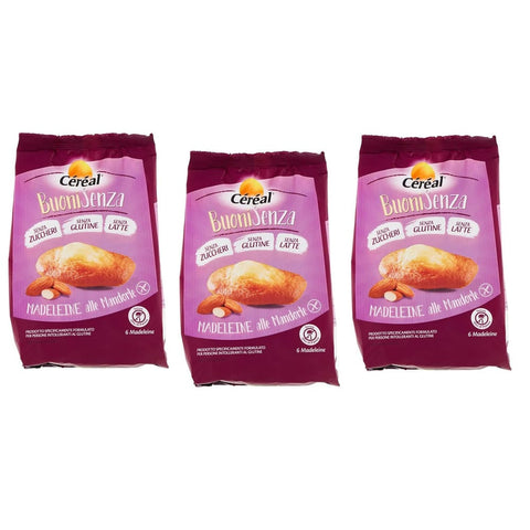 Céréal Kekse Céréal BuoniSenza Madeleine alle Mandorle Mandel Madeleines Ideal zum Frühstück Süßer Snack mit Mandelgeschmack glutenfrei, milchfrei und zuckerfrei Packung 3x 180g Original italienisch 3175681232877