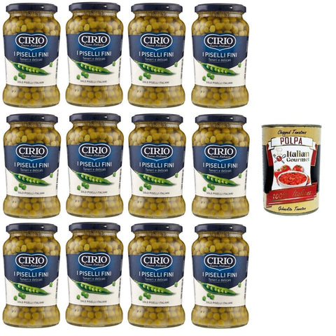 Cirio Hülsenfrüchte & Bohnen Cirio Piselli Fini, Teneri e Delicati Feine, zarte und zarte Erbsen 12x360gr Original italienisch inkl. Italian Gourmet Polpa 400g 0