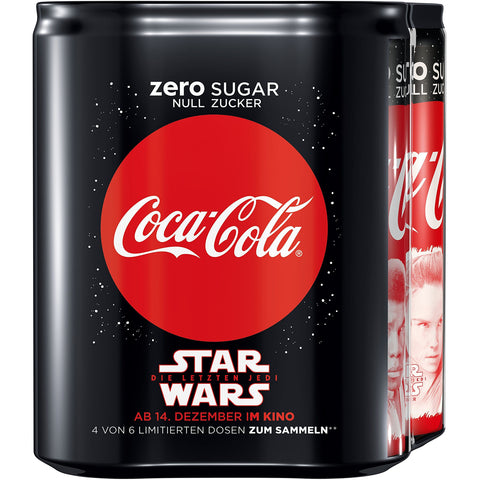 Coca-Cola Zero Koffeinhaltiges Erfrischungsgetränk in stylischen Dosen mit originalen Coca-Cola Geschmack - null Zucker und ohne Kalorien 6x4x Dose 330 ml