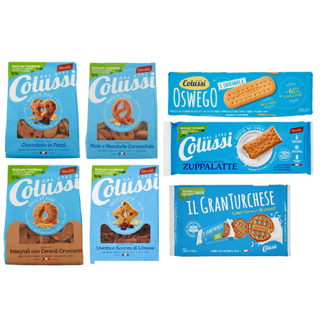 Colussi Biscotti Testpaket Granturchese Oswego Zuppalatte Kekse mit Schokolade in Stücken Biscuits 7 Stücke italienisch Original